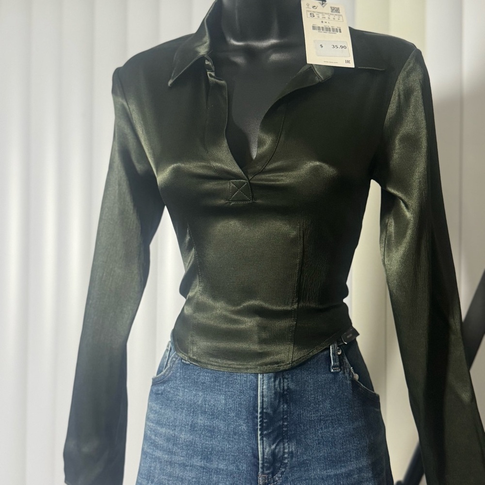 Zara Satin Collared Top – Olive Green (NWT)